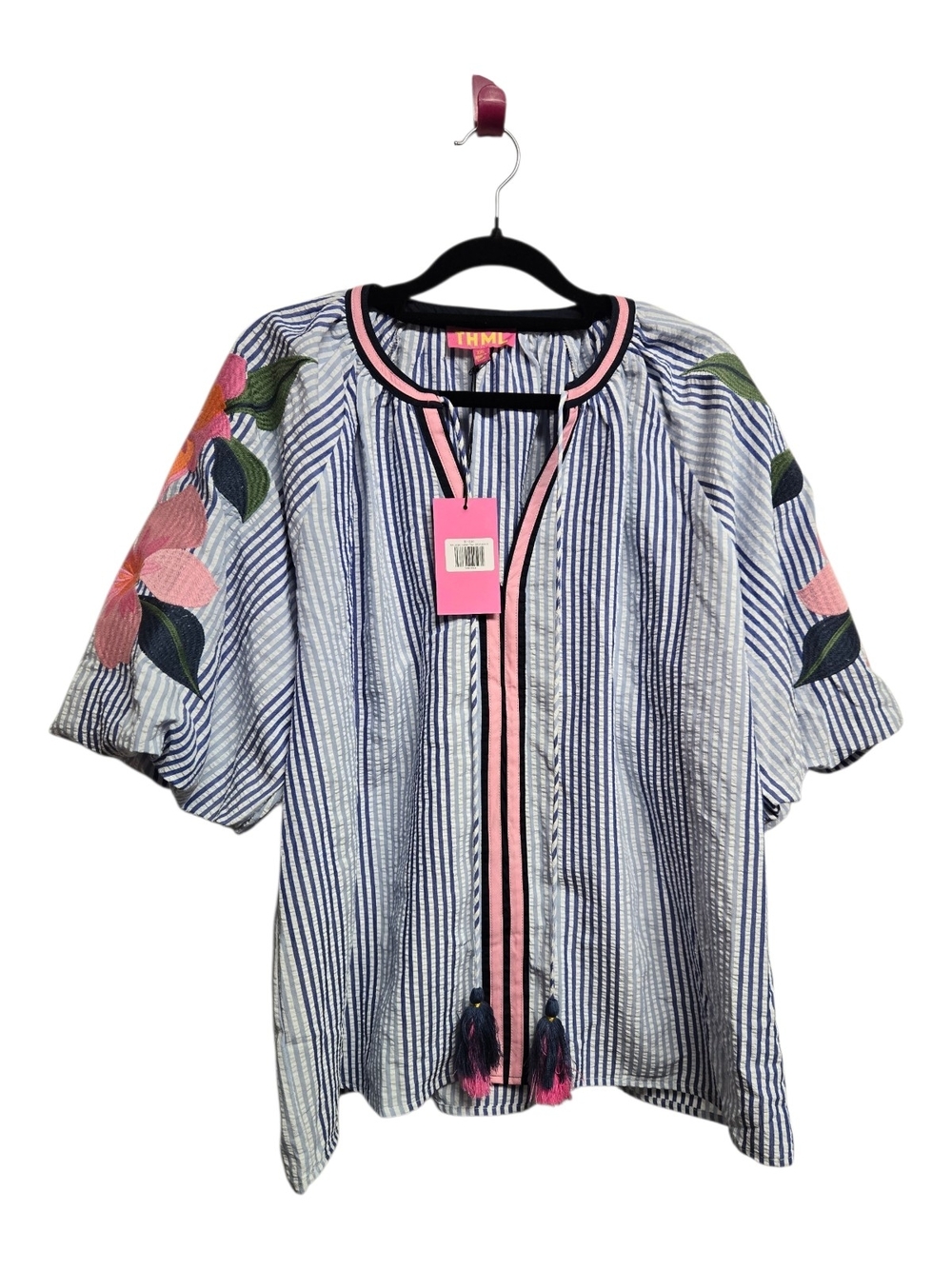 THML Blue & Pink Striped Tie-Front Peasant Blouse - Picture 2 of 5